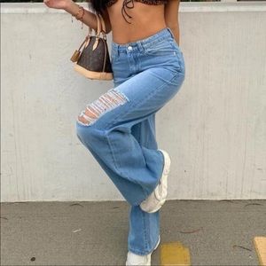 High waisted distress baggy jeans